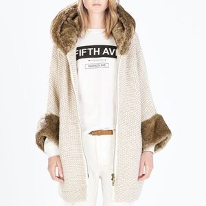 Zara Faux Fur Hooded Knit Zip Up Jacket Sz M